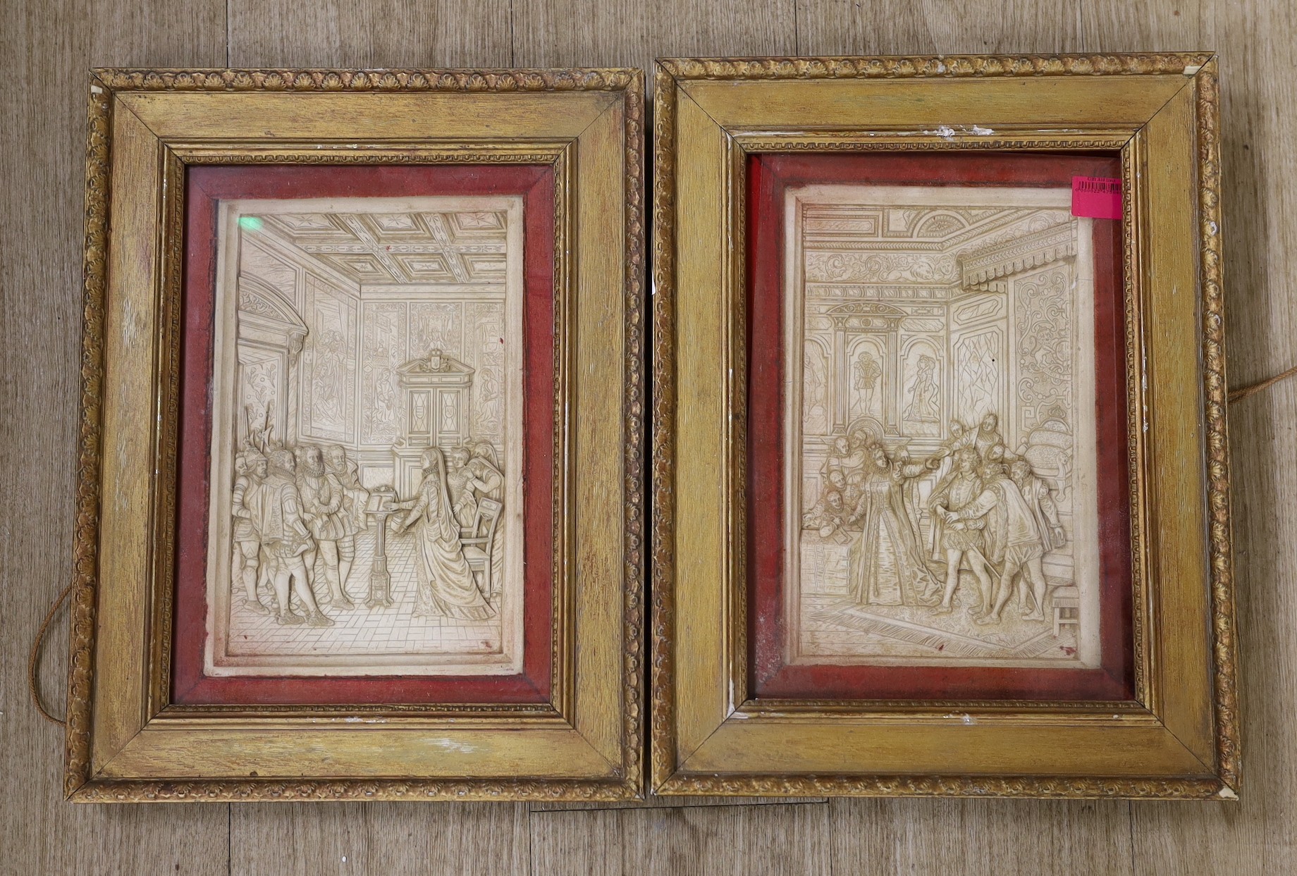 Two framed plaster reliefs, 19cms wide x 29 cms high